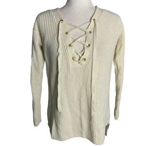Guess Cable Knit V Neck Sweater S Cream Lace Up Front Long Sleeves Stretch